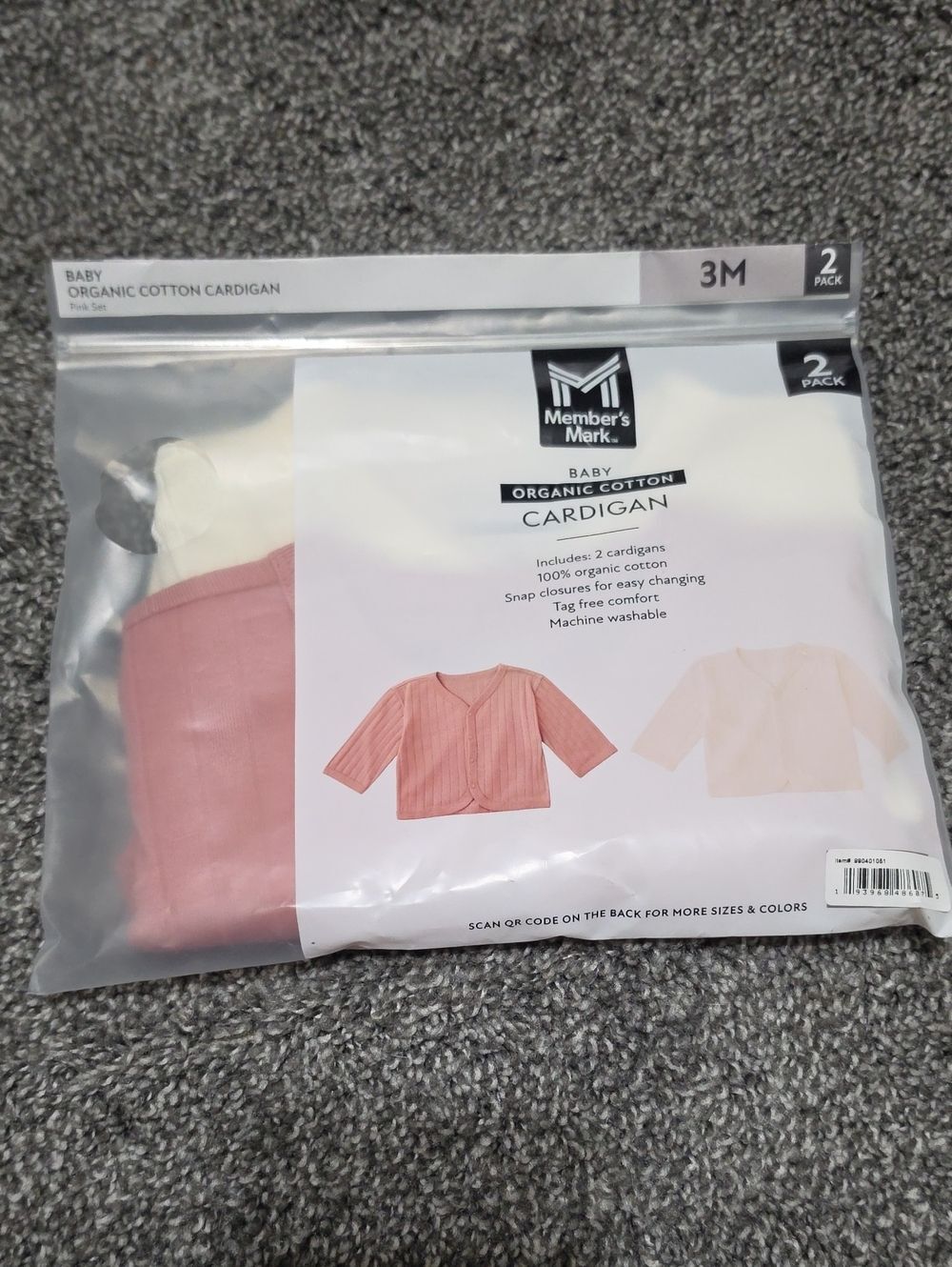 NWT Member's Mark Baby Organic Cotton Cardigan - Pink & Cream (2 Pack)
